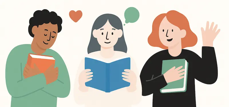 Three people reading books with expressions of joy and interest